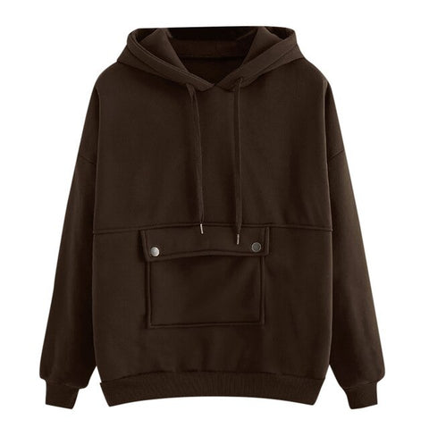 2019 Womens Hoodie Autumn Loose Long Sleeve Brown Color Bockets Hooded Sweatshirt Pullover Blouse L0724