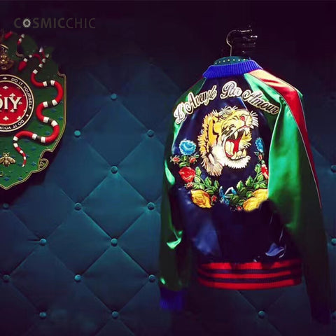 Women Bomber Jacket Coat Reversible Baseball Jackets Sukajan Vintage Tiger Head Embroidered Winter Pilots Outerwear LY288