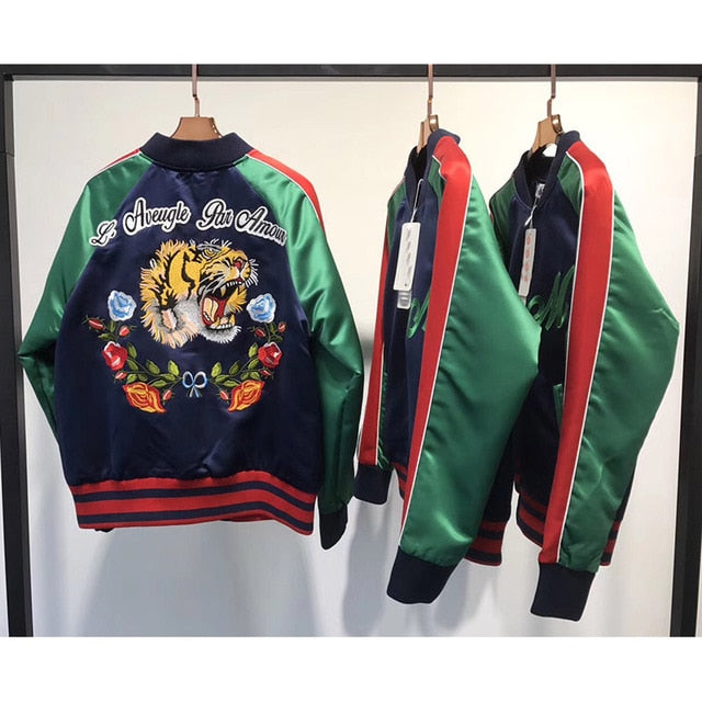 Women Bomber Jacket Coat Reversible Baseball Jackets Sukajan Vintage Tiger Head Embroidered Winter Pilots Outerwear LY288