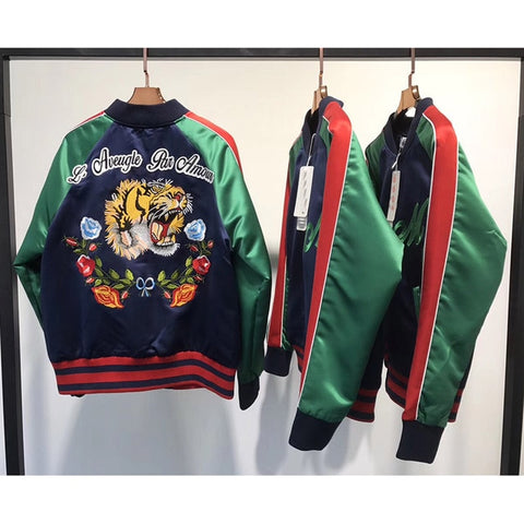 Women Bomber Jacket Coat Reversible Baseball Jackets Sukajan Vintage Tiger Head Embroidered Winter Pilots Outerwear LY288