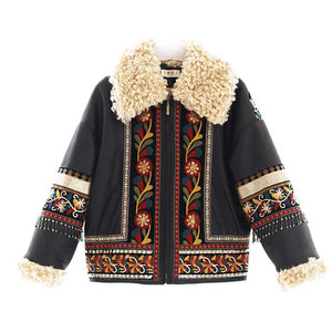 Jessica's Store Winter Women Exotic Vintage Loose Embroidery Tassel PU Leather lambswool Patchwork Warm Black Locomotive Jacket