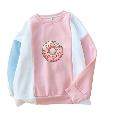 Women Sweatshirt Harajuku Kawaii Donuts Printing Cute Hoodies Patchwork Pastel Contrast Color O-neck Winter Autumn Clothing Top