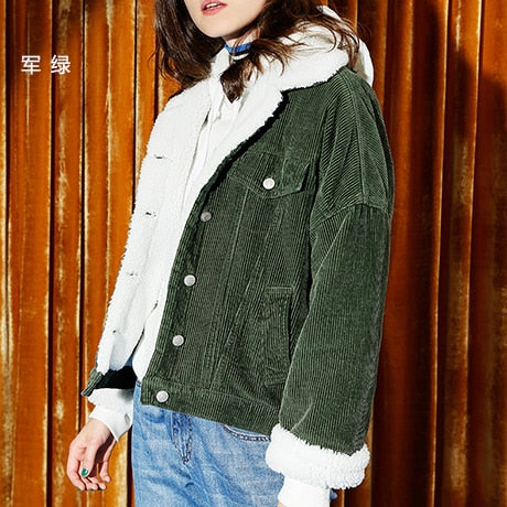 Toyouth Autumn Winter Corduroy Basic Jacket Lambswool Bomber Jacket Women Long Sleeve Jacket Casual Single Breasted Denim Jacket