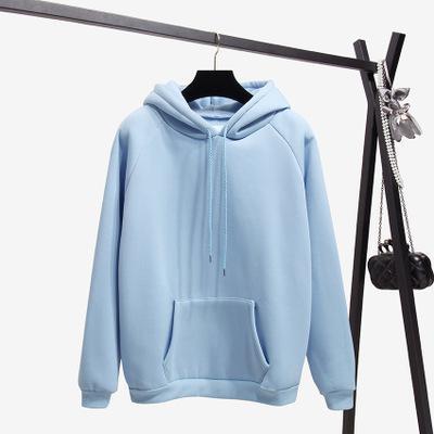 2018 Fashion Solid Color Autumn And Winter Plus Velvet Loose Women's Sweatshirt Hooded Collar Long Sleeve Casual Sky Blue Hoodie