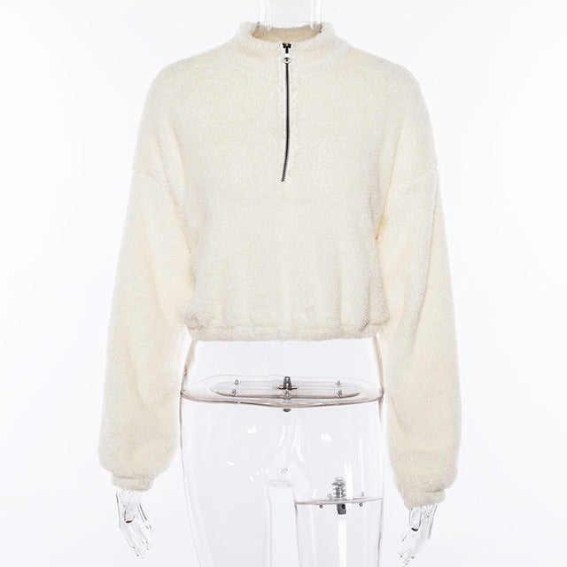 Nadafair Long Sleeve White Cropped Hoodie Women Autumn Winter Pullover Short Sweatshirt Plush Zipper Faux Fur Fluffly Sweatshirt