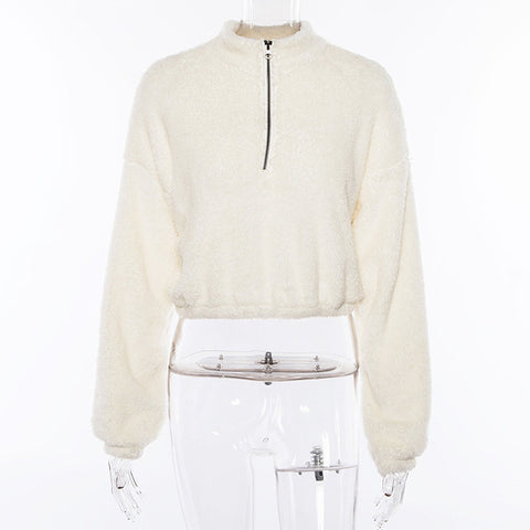 Nadafair Long Sleeve White Cropped Hoodie Women Autumn Winter Pullover Short Sweatshirt Plush Zipper Faux Fur Fluffly Sweatshirt