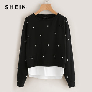 SHEIN Sweatshirt Woman Pearl Beading 2 In 1 Sweatshirt Autumn Women Sweatshirt Black Long Sleeve Elegant Pullovers