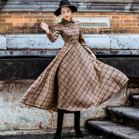 Sisjuly Vintage Plaid Wool Dress Women Winter Thicken Warm Elegant Stylish Ladies Skinny Retro Long Party Shirt Dresses Sale