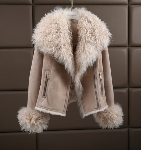 2018 Winter Jacket Women Real Double-faced Fur Coat Natural Sheep Fur Parka Vintage Fashion Biker Streetwear Jacket