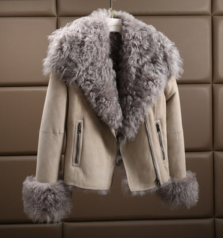 2018 Winter Jacket Women Real Double-faced Fur Coat Natural Sheep Fur Parka Vintage Fashion Biker Streetwear Jacket