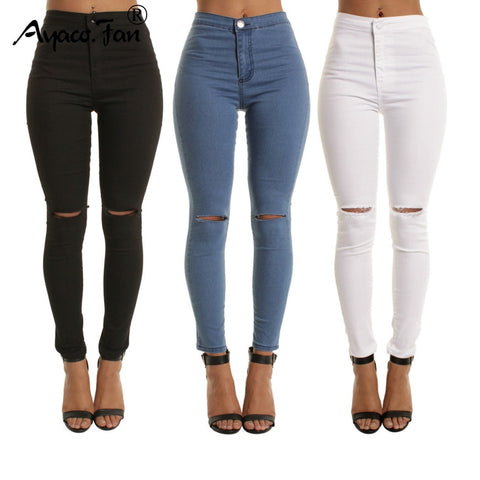 2019 Autumn White Hole Skinny Ripped Jeans Women Jeggings Cool Denim High Waist Pants Capris Female Skinny Black Casual Jeans