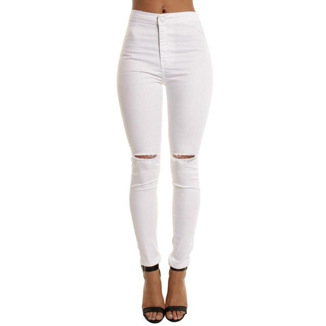 2019 Autumn White Hole Skinny Ripped Jeans Women Jeggings Cool Denim High Waist Pants Capris Female Skinny Black Casual Jeans