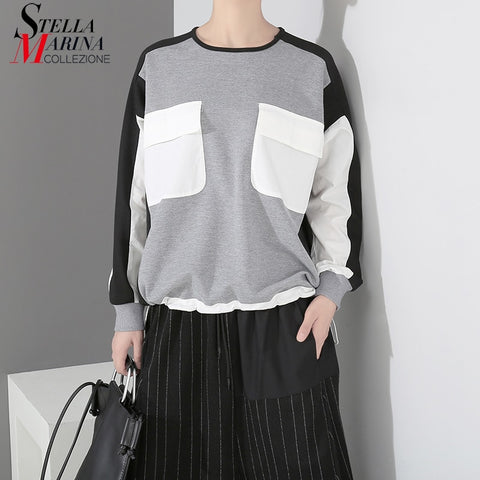 2019 Women Cotton Loose Gray Jumper Pullovers Sweatshirt With Pockets Patchwork Design Oversized Unique Casual Sweatshirts 7143