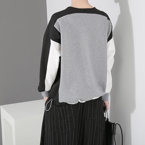 2019 Women Cotton Loose Gray Jumper Pullovers Sweatshirt With Pockets Patchwork Design Oversized Unique Casual Sweatshirts 7143