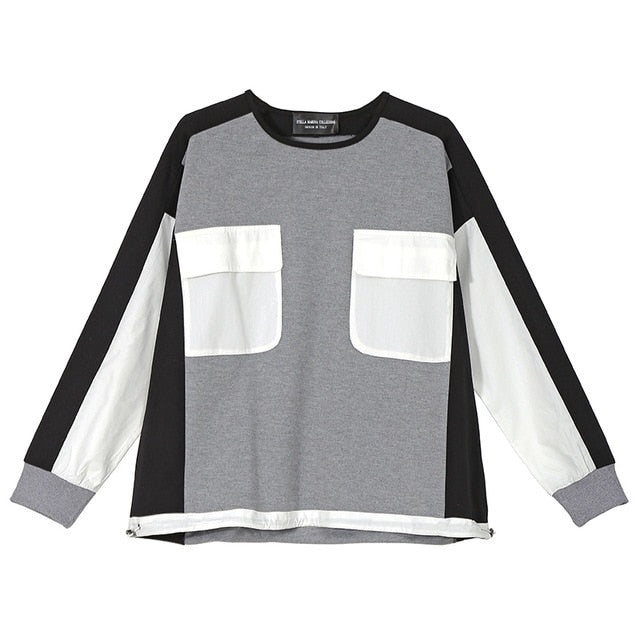 2019 Women Cotton Loose Gray Jumper Pullovers Sweatshirt With Pockets Patchwork Design Oversized Unique Casual Sweatshirts 7143
