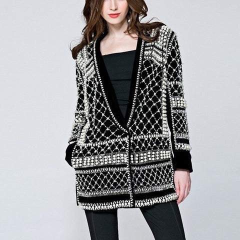 2019 Latest Runway New Fashion Top Quality Womens Pearls Handmade Beads Novelty Long Sleeve Jacket Luxury Black Outerwear Coats