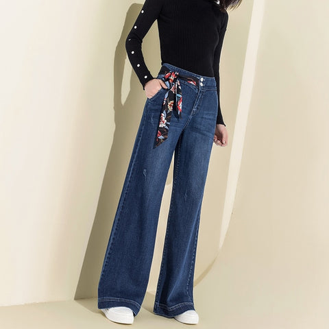 Women Denim High Waist Jeans Wide Leg Pants Vintage Baggy Pants Casual Loose Full Length Pants Drawstring Palazzo Retro Trousers