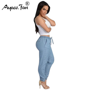 Plus Size Women Solid Drawstring Elastic Waist Jeans Harem Pants Ladies Casual Middle Waist Denim Trousers Long Pencil Pants New