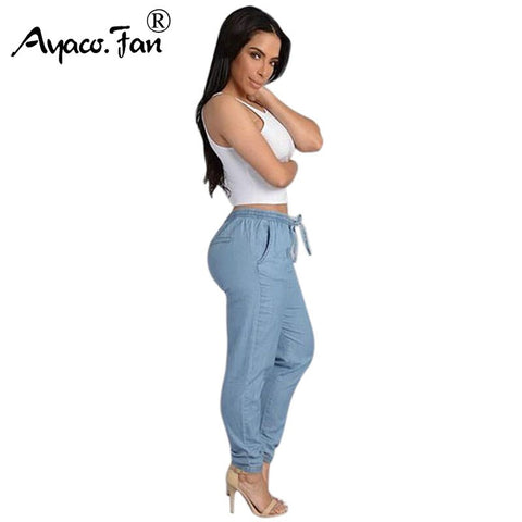 Plus Size Women Solid Drawstring Elastic Waist Jeans Harem Pants Ladies Casual Middle Waist Denim Trousers Long Pencil Pants New
