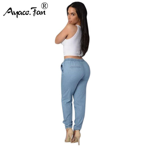 Plus Size Women Solid Drawstring Elastic Waist Jeans Harem Pants Ladies Casual Middle Waist Denim Trousers Long Pencil Pants New