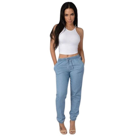 Plus Size Women Solid Drawstring Elastic Waist Jeans Harem Pants Ladies Casual Middle Waist Denim Trousers Long Pencil Pants New